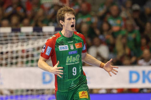 October 4, 2026, xtgx, Opel HBL Handball, SC Magdeburg vs. HC Erlangen emspor, from left: Oskar Vind Rasmussen (Magdeburg), 9, celebration, goal celebration, celebrating the goal, Magdeburg celebration