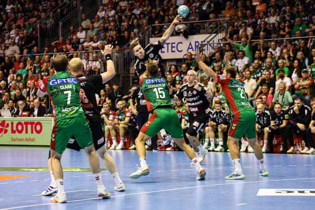 Viggo Kristjansson, HC Erlangen, 73rd Handball Bundesliga Season 2026–2027: SC Magdeburg vs. HC Erlangen at the GETEC Arena in Magdeburg; Action, Handball, Germany, October 4, 2026