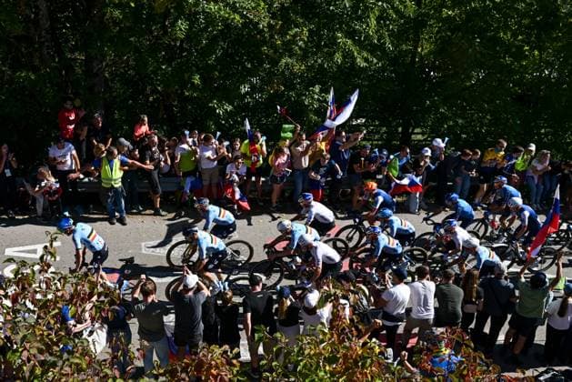 Belgian riders pictured in action during the elite men Road Race race (196,2 km) at the cycling UEC Road European Championships, in Ljubljana, Slovenia Sunday 4 October 2026. The UEC Road European Championships are taking place from 02 to 07 October in Ljubljana, Slovenia. DAVIDxPINTENS  x188701563x