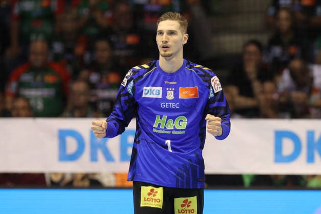 October 4, 2026, xtgx, Opel HBL Handball, SC Magdeburg vs. HC Erlangen emspor, from left: Dominik Kuzmanovic (Magdeburg), 1 celebrating a saved shot, blocked, saved, Magdeburg goalkeeper