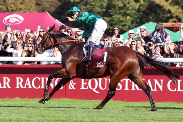 October 4, 2026, Longchamp, Paris, FRA: Daryz, ridden by Mickael Barzalona, wins the Qatar Prix de l Arc de Triomphe at the ParisLongchamp racetrack. Horse, Jockey, Daryz, Barzalona, Victory, Finish, Finish Line 261004D543LONGCHAMP JPG