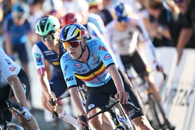 Belgium s Maxim Van Gils pictured in action during the elite men Road Race race (196,2 km) at the cycling UEC Road European Championships, in Ljubljana, Slovenia Sunday 4 October 2026. The UEC Road European Championships are taking place from 02 to 07 October in Ljubljana, Slovenia. DAVIDxPINTENS  x188706421x