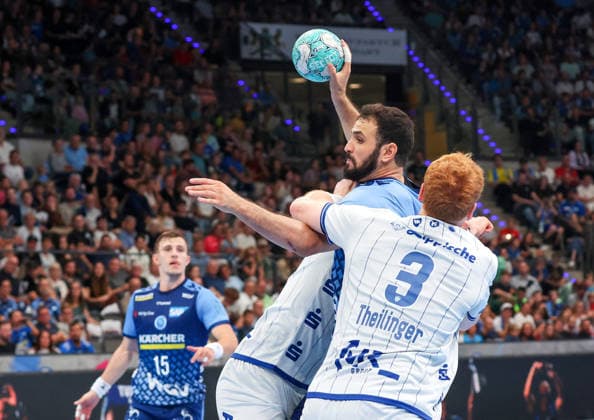 October 4, 2026, Germany, Stuttgart, DHB Cup 2026–2027 Season, TVB Stuttgart vs. TBV Lemgo Lippe, from left: Joël Willecke (TBV), Mohamed Amine Darmoul (TVB), Nicolai Theilinger (TBV)