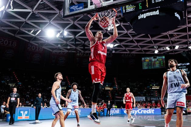 easyCredit Basketball Bundesliga: FC Bayern Munich vs. EWE Baskets Oldenburg, October 4, 2026; Johannes Jo Voigtmann of FC Bayern Munich dunks the ball; easyCredit Basketball Bundesliga: FC Bayern Munich vs. EWE Baskets Oldenburg, Munich, BMW Park, October 4, 2026 Copyright: xBEAUTIFULxSPORTS Wunderlx