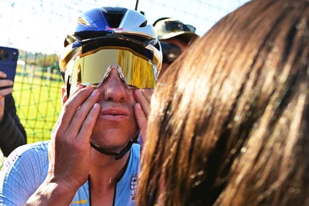 Belgium s Remco Evenepoel celebrates after winning the elite men Road Race race (196,2 km) at the cycling UEC Road European Championships, in Ljubljana, Slovenia Sunday 4 October 2026. The UEC Road European Championships are taking place from 02 to 07 October in Ljubljana, Slovenia. DAVIDxPINTENS  x188708028x
