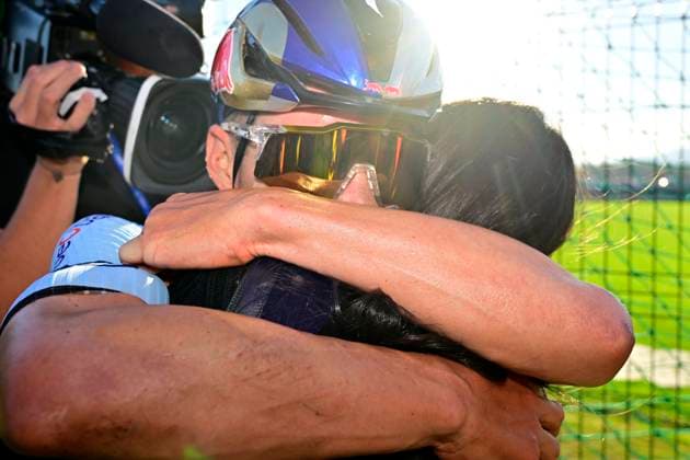 UEC 2026 Road European Championships Ljubljana 04 10 2026 LJUBLJANA, SLOVENIA - OCTOBER 04 : Evenepoel Remco (BEL) celebrates the victory with his wife Oumi during the Men Elite cycling road race at the 2026 UEC Road European Championships Ljubljana, an UCI Continental Championships cycling race of 196,3 km with start in Ljubljana and finish in Sencur on October 4, 2026 in Ljubljana, Slovenia, 04 10 2026 Ljubljana Slovenia  Copyright: xJanxDexMeuleneirx
