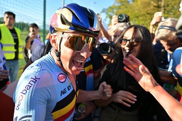 Belgium s Remco Evenepoel celebrates after winning the elite men Road Race race (196,2 km) at the cycling UEC Road European Championships, in Ljubljana, Slovenia Sunday 4 October 2026. The UEC Road European Championships are taking place from 02 to 07 October in Ljubljana, Slovenia. DAVIDxPINTENS  x188708616x