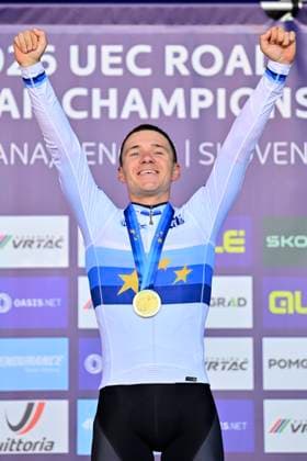 UEC 2026 Road European Championships Ljubljana 04 10 2026 LJUBLJANA, SLOVENIA - OCTOBER 04 : Evenepoel Remco (BEL) pictured during the podium ceremony after winning the Men Elite cycling road race at the 2026 UEC Road European Championships Ljubljana, an UCI Continental Championships cycling race of 196,3 km with start in Ljubljana and finish in Sencur on October 4, 2026 in Ljubljana, Slovenia, 04 10 2026 Ljubljana Slovenia  Copyright: xJanxDexMeuleneirx