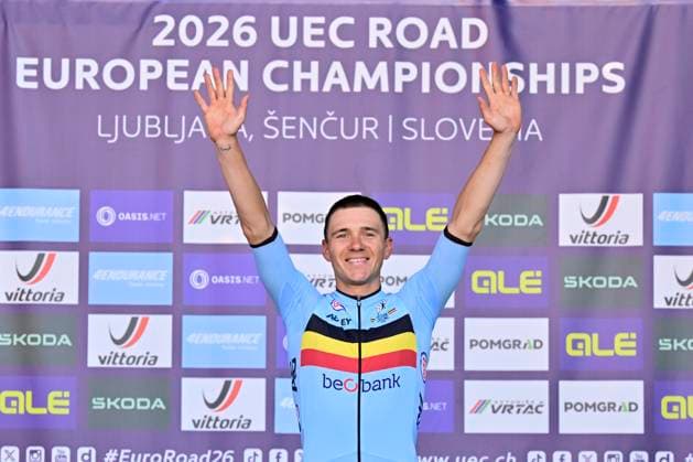 UEC 2026 Road European Championships Ljubljana 04 10 2026 LJUBLJANA, SLOVENIA - OCTOBER 04 : Evenepoel Remco (BEL), Ciccone Giulio (ITA) and Scaroni Christian (ITA) pictured during the podium ceremony after the Men Elite cycling road race at the 2026 UEC Road European Championships Ljubljana, an UCI Continental Championships cycling race of 196,3 km with start in Ljubljana and finish in Sencur on October 4, 2026 in Ljubljana, Slovenia, 04 10 2026 Ljubljana Slovenia  Copyright: xJanxDexMeuleneirx