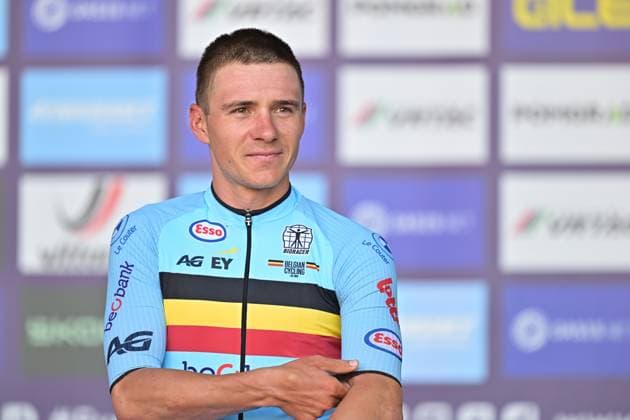 Belgium s Remco Evenepoel celebrates on the podium after winning the elite men Road Race race (196,2 km) at the cycling UEC Road European Championships, in Ljubljana, Slovenia Sunday 4 October 2026. The UEC Road European Championships are taking place from 02 to 07 October in Ljubljana, Slovenia. DAVIDxPINTENS  x188710181x