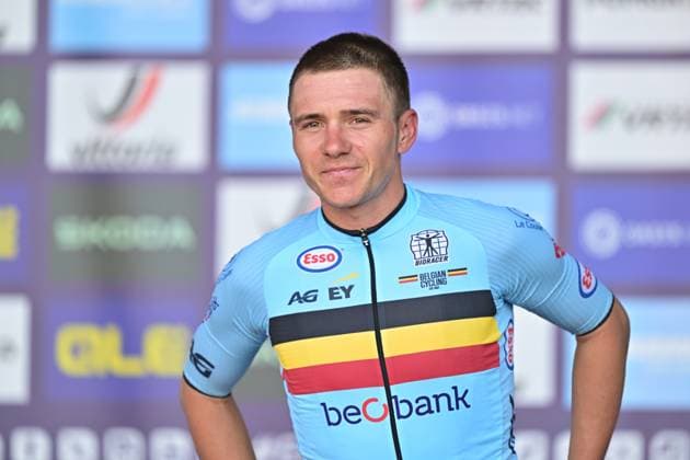 Belgium s Remco Evenepoel celebrates on the podium after winning the elite men Road Race race (196,2 km) at the cycling UEC Road European Championships, in Ljubljana, Slovenia Sunday 4 October 2026. The UEC Road European Championships are taking place from 02 to 07 October in Ljubljana, Slovenia. DAVIDxPINTENS  x188710080x