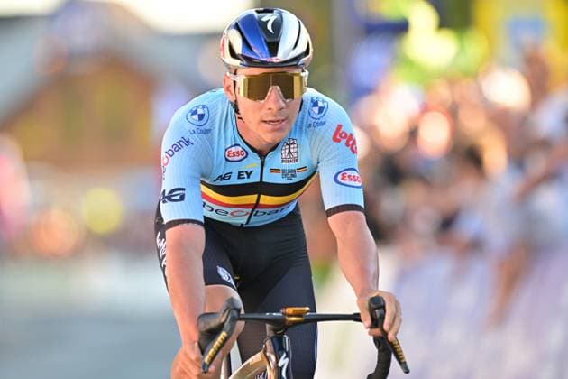 Belgium s Remco Evenepoel crosses the finish line of the elite men Road Race race (196,2 km) at the cycling UEC Road European Championships, in Ljubljana, Slovenia Sunday 4 October 2026. The UEC Road European Championships are taking place from 02 to 07 October in Ljubljana, Slovenia. DAVIDxPINTENS  x188710397x