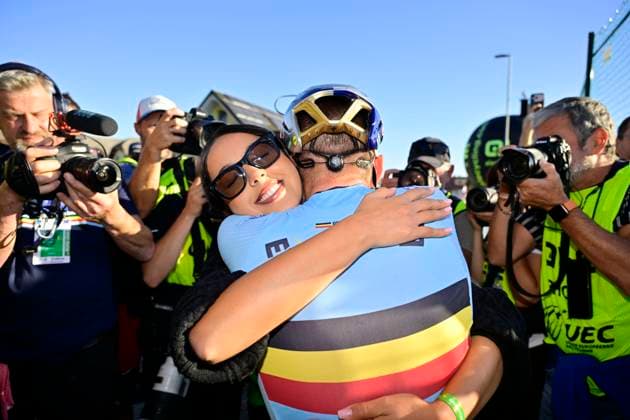 UEC 2026 Road European Championships Ljubljana 04 10 2026 LJUBLJANA, SLOVENIA - OCTOBER 04 : Evenepoel Remco (BEL) and His wife Oumi pictured during the Men Elite cycling road race at the 2026 UEC Road European Championships Ljubljana, an UCI Continental Championships cycling race of 196,3 km with start in Ljubljana and finish in Sencur on October 4, 2026 in Ljubljana, Slovenia, 04 10 2026 Ljubljana Slovenia  Copyright: xJanxDexMeuleneirx