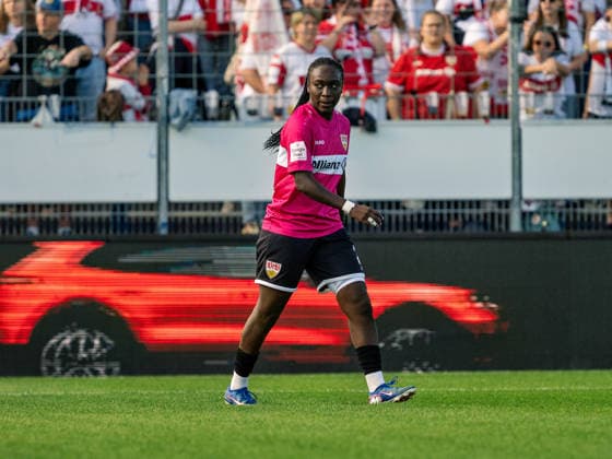 Cutout: Mira Arouna, VfB Stuttgart, age 21, with the ball, full-body single image, stock photo, GER, soccer, VfB Stuttgart vs. 1. FC Union Berlin, Google Pixel Women s Bundesliga, Matchday 6, Stuttgart, 2026–2027 season, October 4, 2026 GER, Soccer, VfB Stuttgart vs. 1. FC Union Berlin, Google Pixel Women’s Bundesliga, Matchday 6, Stuttgart, 2026–2027 Season, October 4, 2026 Stuttgart Copyright: xCarstenxSchweringx EP_CSG
