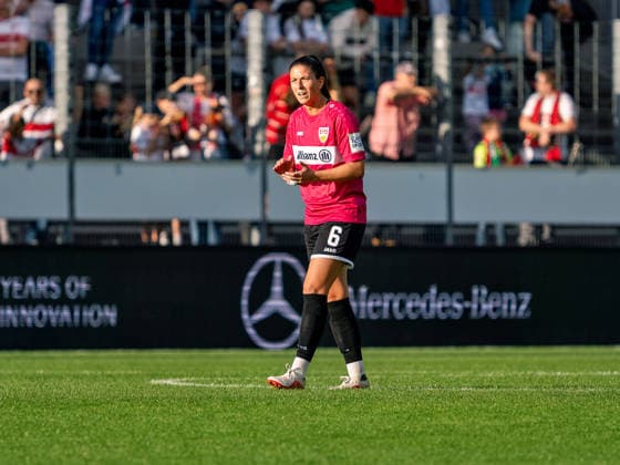 Chantal Hagel (VfB Stuttgart, No. 6) cheers on her team after Lina Hausicke (1. FC Union Berlin, No. 32) scores to make it 0–2. GER, Soccer, VfB Stuttgart vs. 1. FC Union Berlin, Google Pixel Women s Bundesliga, Matchday 6, Stuttgart, 2026–2027 season, October 4, 2026 GER, Soccer, VfB Stuttgart vs. 1. FC Union Berlin, Google Pixel Women’s Bundesliga, Matchday 6, Stuttgart, 2026–2027 season, October 4, 2026, Stuttgart Copyright: xCarstenxSchweringx EP_CSG
