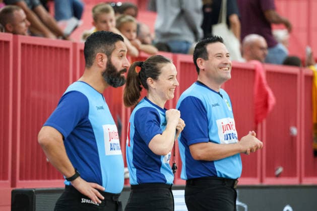 Referees: Aleksandra Pawlik, Nicolas Brendel, Ehsan Saeidi, GER, Tigers Tübingen vs. Nuremberg Falcons, Basketball, ProA, Matchday 3, 2026–2027 Season, October 4, 2026, GER, Tigers Tübingen vs. Nuremberg Falcons, Basketball, ProA, Matchday 3, 2026–2027 season, October 4, 2026, Tigers Tübingen Copyright: xEibner-Pressefoto KirstenxJaegerx