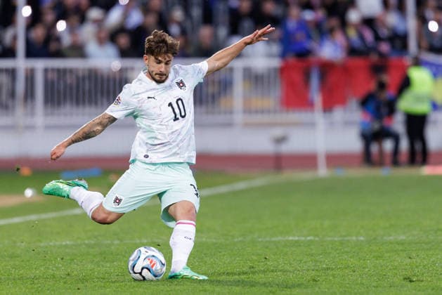 SOCCER - NL, KOS vs AUT PRISTINA,KOSOVO,04.OCT.26 - SOCCER - UEFA Nations League, OEFB international match, Länderspiel, Nationalmannschaft Kosovo vs Austria. Image shows Romano Schmid (AUT).  GEPAxpictures xArminxRauthner