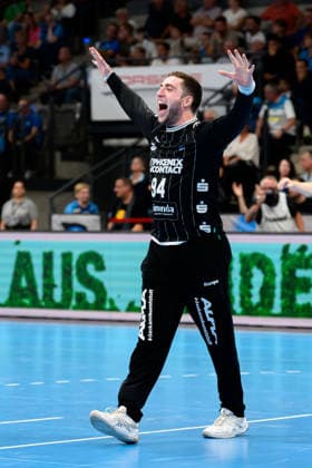 Stuttgart HBL 26 27 TVB Stuttgart TBV Lemgo Goalkeeper Domenico Ebner TBV Lemgo Celebration Joy Emotion Bittenfeld Porsche Arena Baden-Württemberg Germany