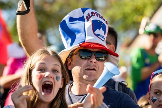 slovenian supporters pictured during the elite men Road Race race (196,2 km) at the cycling UEC Road European Championships, in Ljubljana, Slovenia Sunday 4 October 2026. The UEC Road European Championships are taking place from 02 to 07 October in Ljubljana, Slovenia. DAVIDxPINTENS  x188719536x