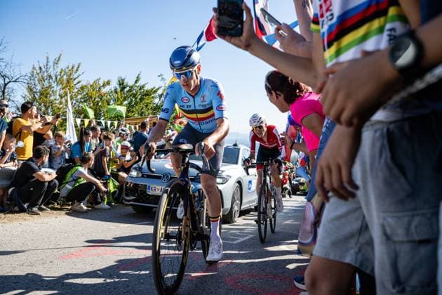 Belgium s Quinten Hermans is pictured in action during the elite men Road Race race (196,2 km) at the cycling UEC Road European Championships, in Ljubljana, Slovenia Sunday 4 October 2026. The UEC Road European Championships are taking place from 02 to 07 October in Ljubljana, Slovenia. DAVIDxPINTENS  x188719471x