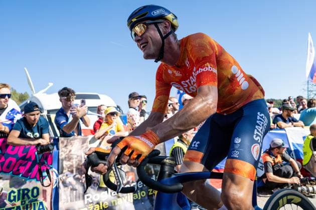 Netherlands s Sjoerd Bax is pictured in action during the elite men Road Race race (196,2 km) at the cycling UEC Road European Championships, in Ljubljana, Slovenia Sunday 4 October 2026. The UEC Road European Championships are taking place from 02 to 07 October in Ljubljana, Slovenia. DAVIDxPINTENS  x188719477x