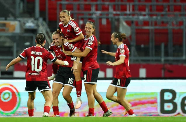 October 4, 2026, Nuremberg, Bayern, Germany: Papai Emoke of FCN ( 15 ) celebrates with team mates after scoring 1-0 during the Women German Bundesliga 2026 - 2027 football match between 1.FC Nurnberg and TSG Hoffenheim at Max Morlock Stadium in Nuremberg , Bayern , Germany . October 04th , 2026 Nuremberg Germany - ZUMAe140 20261004_zip_e140_052 Copyright: xDavidexEliasx