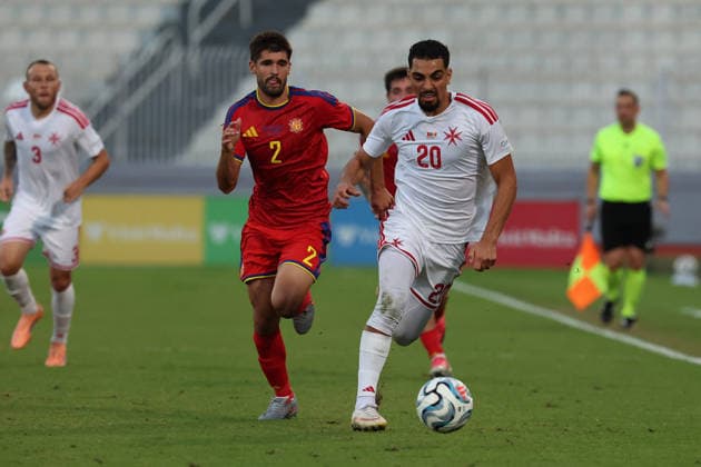Ilyas Chouaref (right) of Malta is in action during the UEFA Nations League, League D, Group D1 match between Malta and Andorra at the National Stadium, in Ta Qali, Malta, on 04 October, 2026. UEFA Nations League, League D, Group D1 Qualifying; UEFA Nations League;