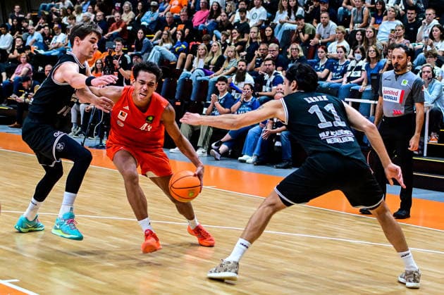 October 4, 2026, GER, Basketball, Men s, 2nd Division ProA, 2026–2027 Season, Matchday 3, OrangeAcademy vs. MHP Academics Heidelberg: Joschka Ferner (Heidelberg), 15; Lucas Fischer (OrangeAcademy), 43; Erol Ersek (Heidelberg), 11; Neu Ulm Orange Campus, Bavaria, Germany Copyright: xNordphotox xHafnerx
