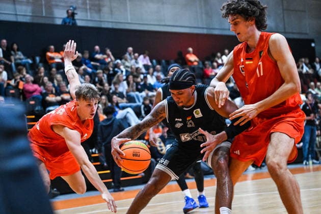 October 4, 2026, GER, Basketball, Men s, 2nd Division ProA, 2026–2027 Season, Matchday 3, OrangeAcademy vs. MHP Academics Heidelberg Zoran Milicic (OrangeAcademy), 44, Cantia Jevon Rahming (Heidelberg), 21, Tobias Rainer Holbach (OrangeAcademy), 17 Neu Ulm Orange Campus Bavaria Germany Copyright: xNordphotox xHafnerx