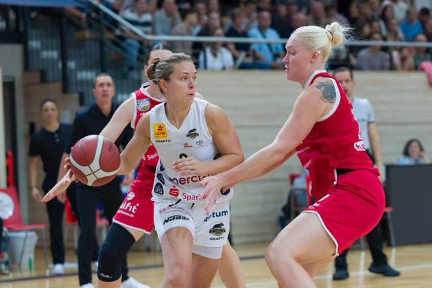 Lovisa Hjern Luchse, 3, Marta Miscenko Lions, 13, Halfit Lions vs. TK Hannover Luchse, Women s Basketball, 1st Bundesliga, DBBL, Matchday 1 of the 2026–27 season, April 10, 2026, SWH Arena, Saxony-Anhalt, Germany