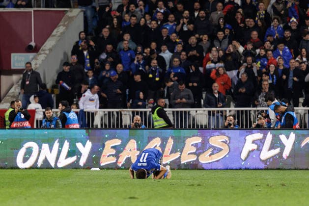 SOCCER - NL, KOS vs AUT PRISTINA,KOSOVO,04.OCT.26 - SOCCER - UEFA Nations League, OEFB international match, Länderspiel, Nationalmannschaft Kosovo vs Austria. Image shows the rejoicing of Fisnik Asllani (KOS).  GEPAxpictures xArminxRauthner