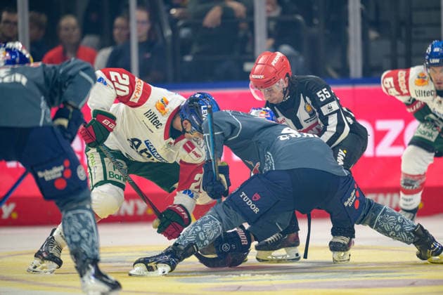 Hockey, DEL, 20261004, EHC Red Bull Munich vs. Augsburg Panthers. Pictured, from left: Philipp Krauß (Augsburg, 20), Lucas Thaler (Munich, 48), and linesman Marcus Höfer (55, Munich). SAP Garden, Bavaria, Germany Copyright: Passion2Press MarkusxFischerx