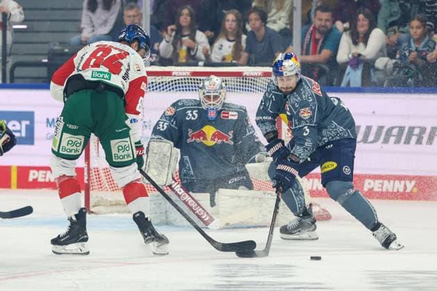 One-on-one, action, featuring Trevor Parkes 84 (Augsburger Panther), Lukas Klok 3 (EHC Red Bull Munich), Mathias Niederberger 35 (EHC Red Bull Munich), EHC Red Bull Munich vs. Augsburger Panther, Matchday 6, Ice Hockey, Penny DEL, October 3, 2026, Munich, Bavaria, Germany Copyright: xkolbert-press ChristianxKolbertx