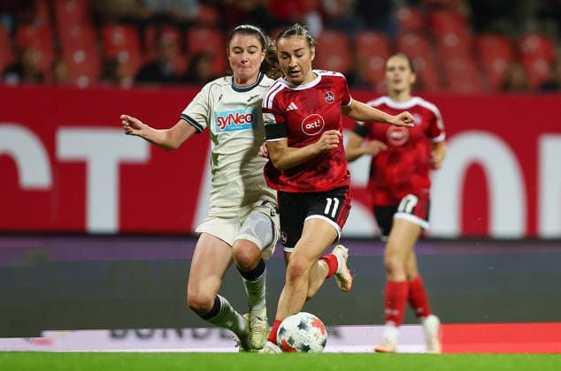 Football Women german Bundesliga 2026 - 2027 1.FC Nurnberg-TSG Hoffenheim Hahn Chiara of Hoffenheim ( L ) and Meroni Lara of FCN ( R ) fight for the ball during the Women German Bundesliga 2026 - 2027 football match between 1.FC Nurnberg and TSG Hoffenheim at Max Morlock Stadium in Nuremberg , Bayern , Germany . October 04th , 2026 Photo by Davide Elias Copyright: xDavidexEliasx