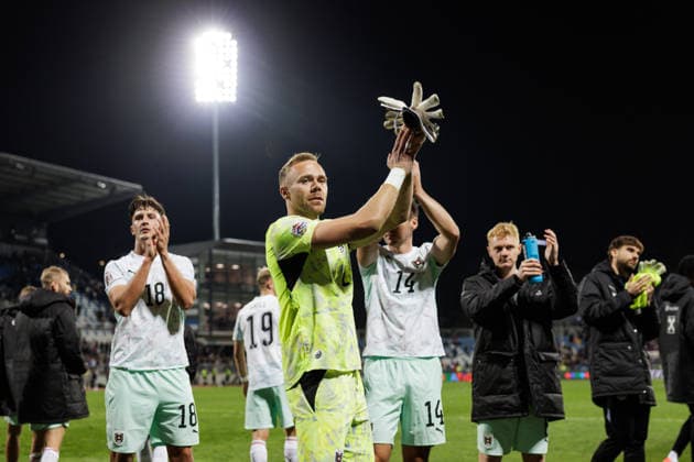 SOCCER - NL, KOS vs AUT PRISTINA,KOSOVO,04.OCT.26 - SOCCER - UEFA Nations League, OEFB international match, Länderspiel, Nationalmannschaft Kosovo vs Austria. Image shows Felix Bacher, Alexander Schlager, Maximilian Woeber and Nicolas Seiwald (AUT).  GEPAxpictures xArminxRauthner