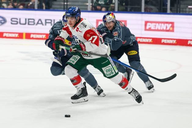 One-on-one, action, featuring Kyle Mayhew (27, Augsburger Panther) and Taro Hirose (17, EHC Red Bull Munich), EHC Red Bull Munich vs. Augsburger Panther, Matchday 6, Ice Hockey, Penny DEL, October 3, 2026, Munich, Bavaria, Germany Copyright: xkolbert-press ChristianxKolbertx