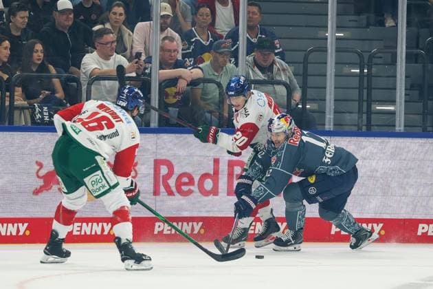 One-on-one, action, featuring Cameron Wright 16 of the Augsburg Panthers, Philipp Krauss 20 of the Augsburg Panthers, Brady Ferguson 12 of EHC Red Bull Munich, EHC Red Bull Munich vs. Augsburg Panthers, Matchday 6, Ice Hockey, Penny DEL, October 3, 2026, Munich, Bavaria, Germany Copyright: xkolbert-press ChristianxKolbertx