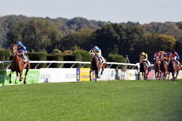 October 4, 2026, Düsseldorf, North Rhine-Westphalia, GER: Daytona, ridden by Bauyrzhan Murzabayev, wins at the Düsseldorf-Grafenberg Racetrack; horse, jockey, Daytona, Murzabayev, victory, finish line, finish 261004SG788DUESSELDORF JPG