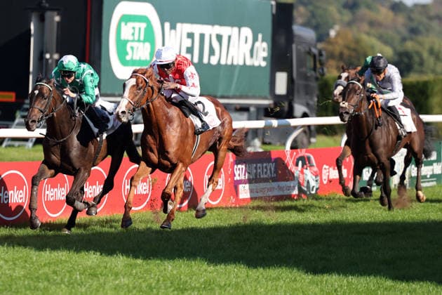 October 4, 2026, Düsseldorf, North Rhine-Westphalia, GER: New Emerald (left), ridden by Sibylle Vogt, wins the Grand Prix of the State Capital Düsseldorf at the Düsseldorf Grafenberg Racetrack. Horse, jockey, New Emerald, Vogt, victory, finish line, finish 261004SG792DUESSELDORF JPG
