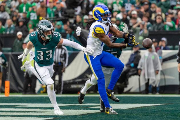 Philadelphia Eagles cornerback Cooper DeJean (33) and cornerback Michael Carter II (35) break up a pass in the end zone intended for Los Angeles Rams wide receiver Davante Adams (17) in the first quarter at Lincoln Financial Field in Philadelphia, Pennsylvania on Sunday, October 4, 2026.  PHI20261004003 LAURENCExKESTERSON