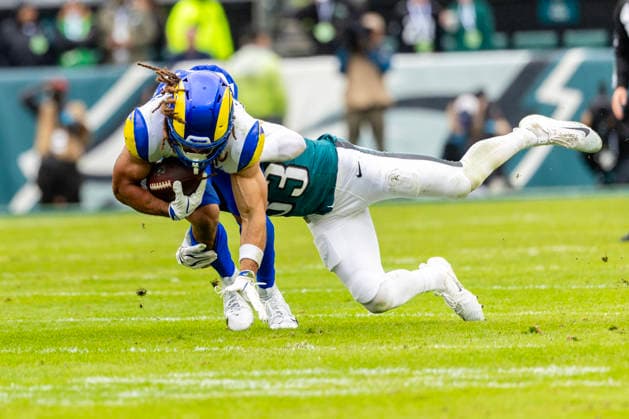 Los Angeles Rams wide receiver Jordan Whittington (88) is brought down at the 47 yard line for a third down in the second quarter at Lincoln Financial Field in Philadelphia, Pennsylvania on Sunday, October 4, 2026.  PHI20261004004 LAURENCExKESTERSON