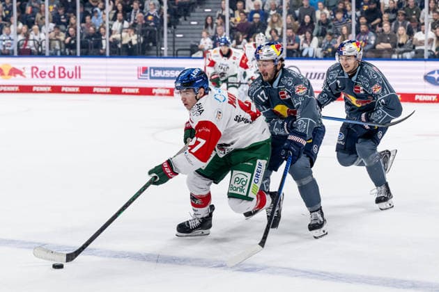 Kyle Mayhew, Augsburger Panther, 27, pursued by Taro Hirose, EHC Red Bull Munich, 17, and Brady Ferguson, EHC Red Bull Munich, 12 (GER), EHC Red Bull Munich vs. Augsburger Panther, DEL, 2026–2027 season, Matchday 6, October 4, 2026 Photo: HMB Media, Heike Feiner Copyright: HMBxMedia HeikexFeiner
