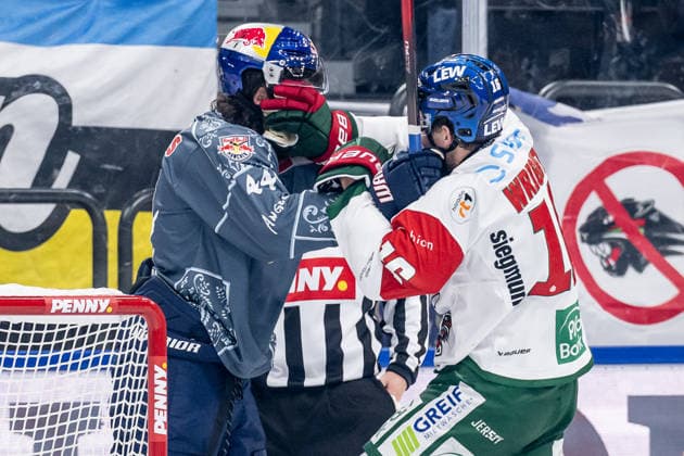 A minor scuffle between Trevor Carrick of EHC Red Bull Munich, 44, and Cameron Wright of the Augsburger Panther, 16 (GER), EHC Red Bull Munich vs. Augsburger Panther, DEL, 2026–2027 season, Matchday 6, October 4, 2026 Photo: HMB Media, Heike Feiner Copyright: HMBxMedia HeikexFeiner