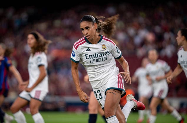 ESP Liga F: FC Barcelona vs. Real Madrid Fem — Maelle Lakrar of Real Madrid during the Liga F match between FC Barcelona and Real Madrid Fem, played at Spotify Camp Nou Stadium in Barcelona on October 4, 2026, in Spain — Spanish Soccer Copyright: xAgenciaxLOFx