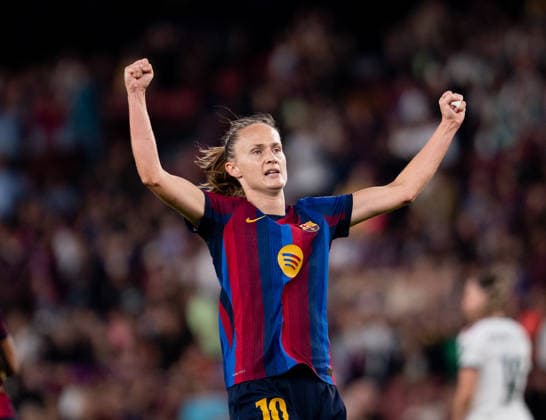 ESP Liga F: FC Barcelona vs. Real Madrid Fem — Caroline Graham of Barcelona scores a goal and celebrates during the Liga F match between FC Barcelona and Real Madrid Fem, played at Spotify Camp Nou Stadium in Barcelona on October 4, 2026, in Spain. Spanish Soccer Copyright: xAgenciaxLOFx
