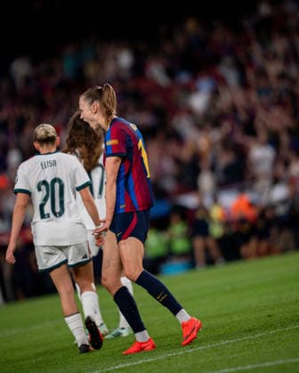 ESP Liga F: FC Barcelona vs. Real Madrid Fem — Caroline Graham of Barcelona scores a goal and celebrates during the Liga F match between FC Barcelona and Real Madrid Fem, played at Spotify Camp Nou Stadium in Barcelona on October 4, 2026, in Spain. Spanish Soccer Copyright: xAgenciaxLOFx
