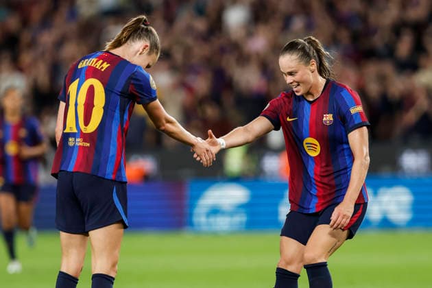 October 4, 2026, Barcelona, Barcelona, Spain: Ewa Pajor of FC Barcelona, Barca celebrates after scoring her team s sixth goal with teammate Caroline Graham during the Spanish Women league, Liga F, football match played between FC Barcelona and Real Madrid CF at Spotify Camp Nou Stadium on October 04, 2026 in Barcelona, Spain. Barcelona Spain - ZUMAa181 20261004_zaa_a181_110 Copyright: xJavierxBorregox