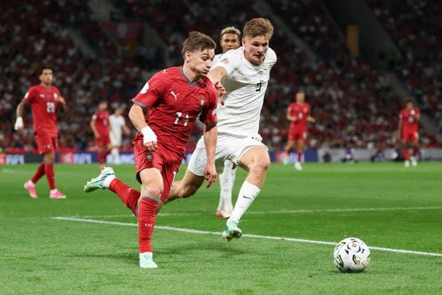Porto, Portugal, October 4: Francisco Conceicao (Portugal) and David Moeller Wolfe (Norway) battle for the ball during the UEFA Nations League 2026–27 League Phase Matchday 4 match between Portugal and Norway at Estádio do Dragão in Porto, Portugal Copyright: HMBxMedia JoaquimxFerreira