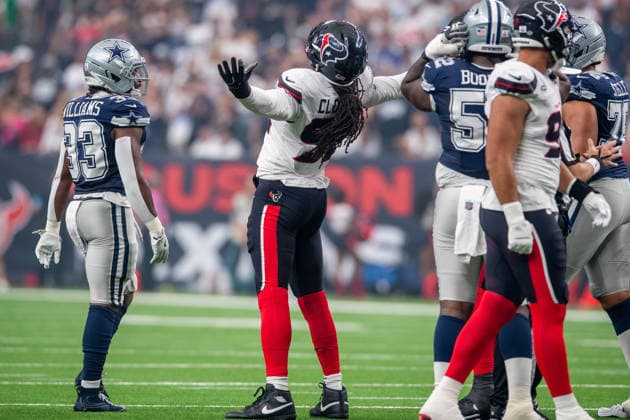 October 4, 2026: Houston Texans defensive end Jadeveon Clowney (90) celebrates a stop during a game between the Dallas Cowboys and the Houston Texans in Houston, TX. .. CSM - ZUMAc04_ 20261004_zma_c04_062 Copyright: xTraskxSmithx