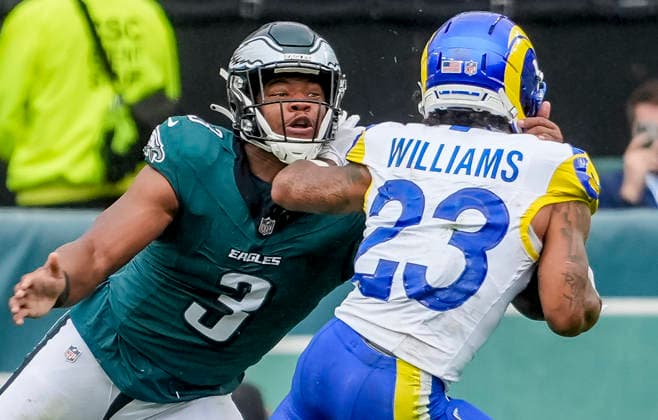 October 4, 2026, Philadelphia, Pa, USA: Oct 4, 2026; Philadelphia, PA, USA; Philadelphia Eagles linebacker Nolan Smith Jr. (3) tries to tackle Los Angeles Rams running back Kyren Williams (23) durin g a run at Lincoln Financial Field. Mandatory Credit: -Cal Media Philadelphia USA - ZUMAcs17 20261004_faf_cs17_159 Copyright: xScottxSeriox